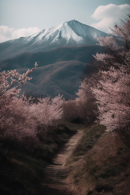 Un sentiero che conduce a una montagna con sopra un fiore rosa