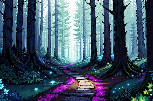 un sentiero che conduce in una foresta di notte fantasy mistico