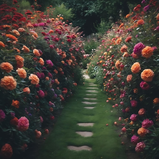 un sentiero con fiori e un sentiero che dice camminare
