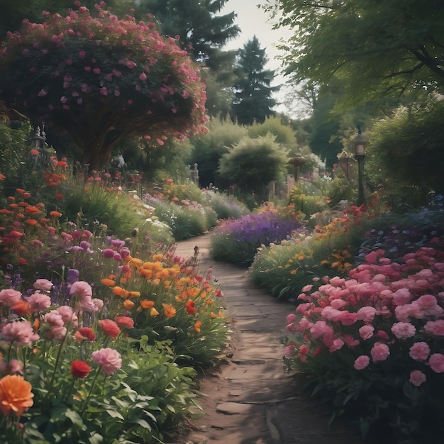 un sentiero con fiori e un sentiero che dice primavera