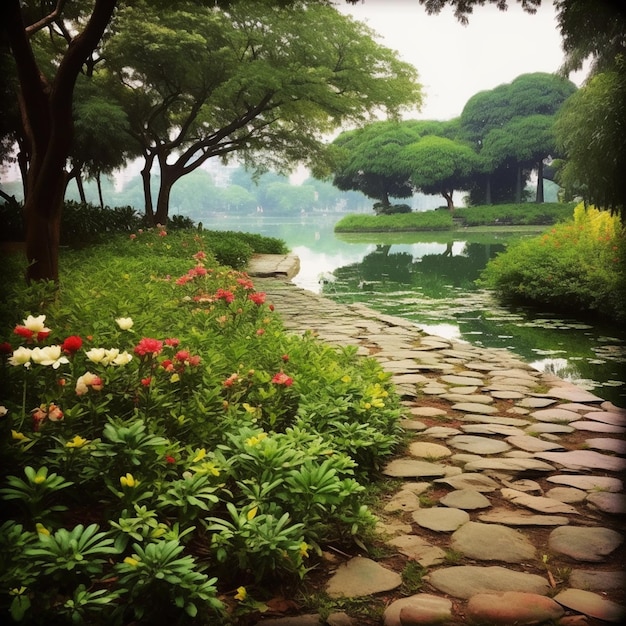 Un sentiero con pietre e fiori davanti a un lago.