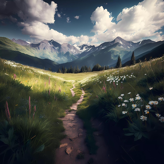 Un sentiero conduce attraverso un campo di fiori con montagne sullo sfondo.