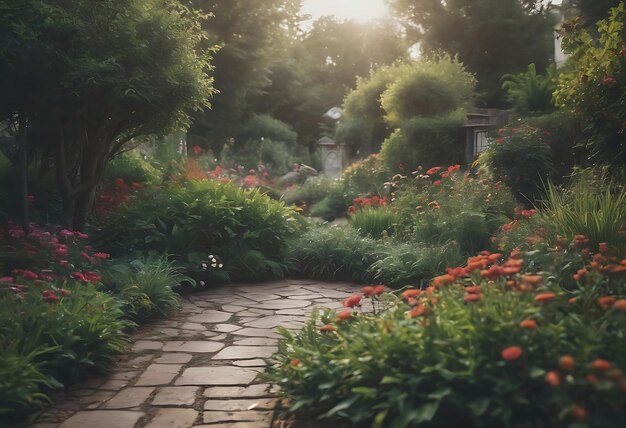 un sentiero conduce attraverso un giardino con fiori e alberi