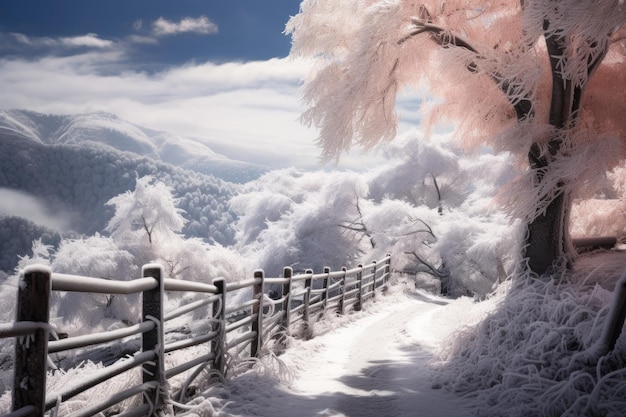 un sentiero coperto di neve che porta ad un albero