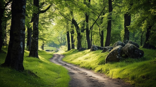 Un sentiero d'erba verde nella foresta