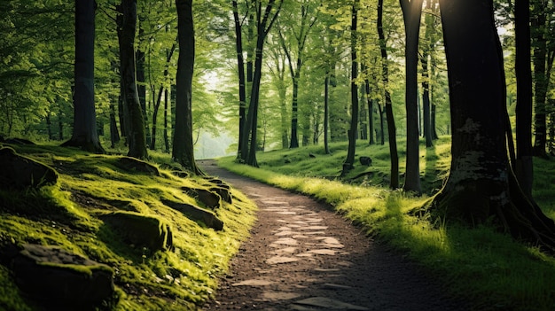 Un sentiero d'erba verde nella foresta