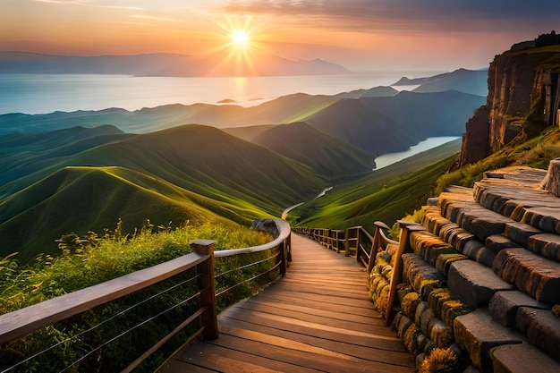 Un sentiero di legno conduce a una montagna e il sole splende.