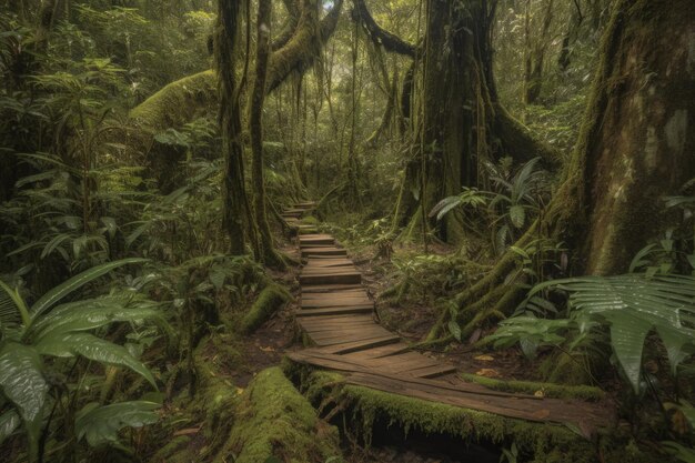 Un sentiero di legno nel mezzo di una lussureggiante foresta verde generativa AI
