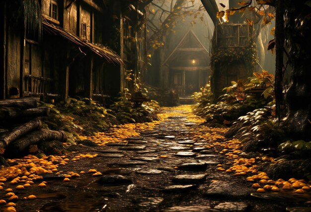 un sentiero giallo in un vecchio bosco e alcune foglie di albero