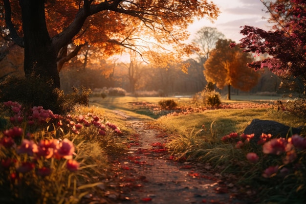 un sentiero in mezzo a un campo autunnale con alberi e fiori