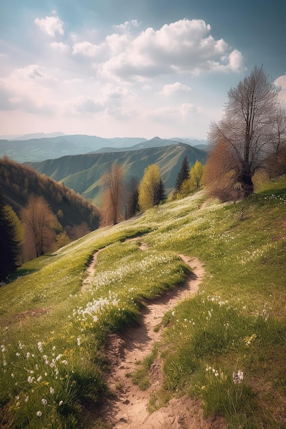 Un sentiero in montagna con una montagna sullo sfondo