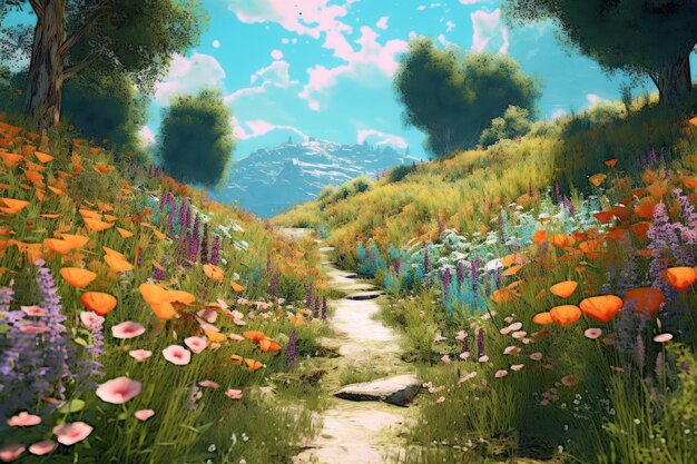 Un sentiero in un campo di fiori con un cielo blu sullo sfondo.