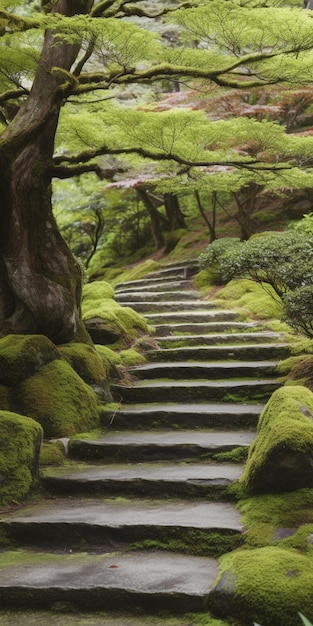 Un sentiero in un giardino con una carta da parati di roccia muschiosa