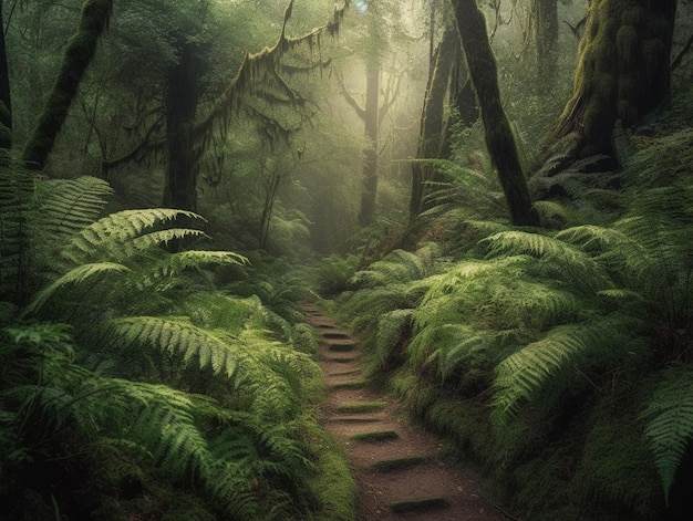 Un sentiero in una foresta con felci e muschi.