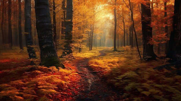 Un sentiero in una foresta con foglie d'arancio e un albero sullo sfondo