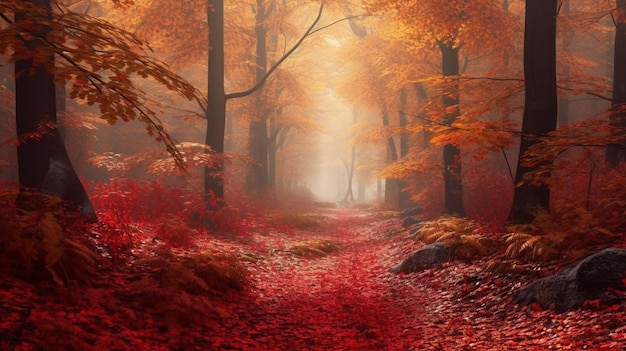 Un sentiero in una foresta con foglie rosse e un albero sullo sfondo