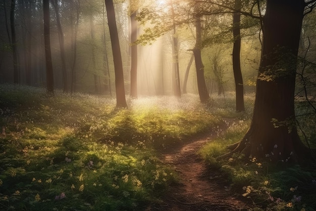 Un sentiero in una foresta con il sole che splende attraverso gli alberi IA generativa