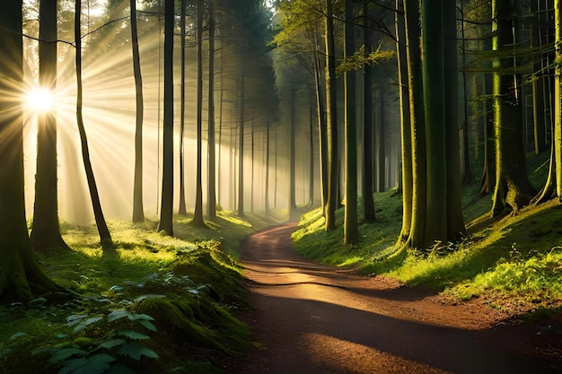 Un sentiero in una foresta con il sole che splende attraverso gli alberi