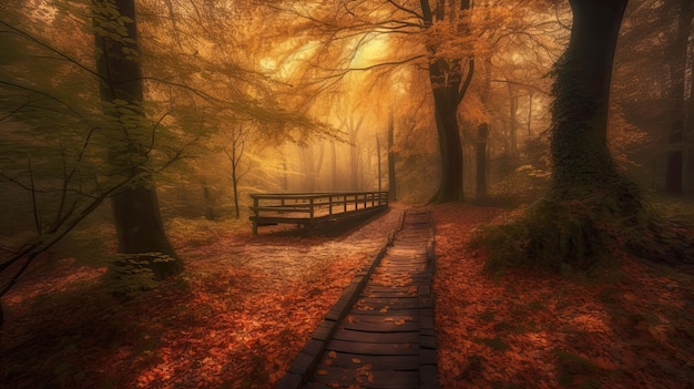 Un sentiero in una foresta con passerella in legno e foglie