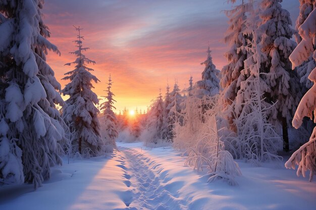 un sentiero in una foresta innevata al tramonto