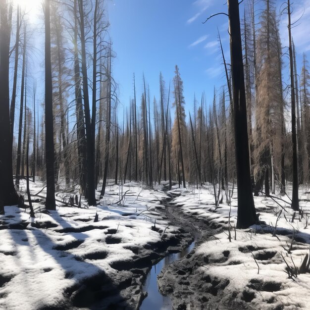 Un sentiero innevato attraverso una foresta bruciata Un affascinante viaggio di rinnovamento