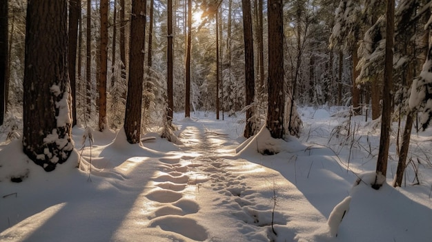 Un sentiero innevato nei boschi con un sole che splende sulla neve.