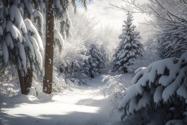 Un sentiero innevato nel bosco un bosco innevato che rappresenta la bellezza e la serenità della natura in inverno