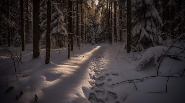 Un sentiero innevato nella foresta con impronte nella neve