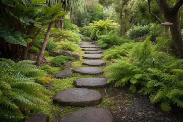 Un sentiero lungo un giardino con gradini e vegetazione