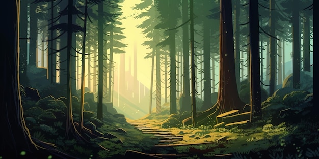 Un sentiero nel bosco con alberi e il sole che splende su di esso.
