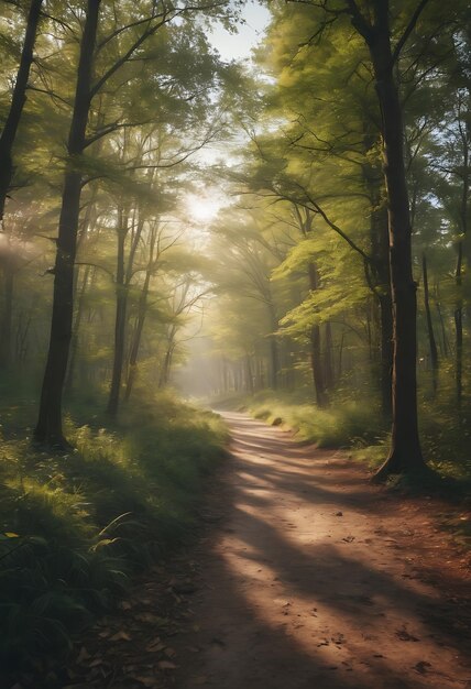 un sentiero nel bosco con il sole che splende attraverso gli alberi