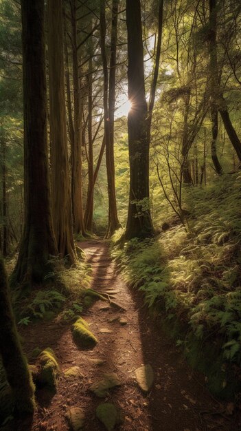 Un sentiero nel bosco con il sole che splende attraverso gli alberi.