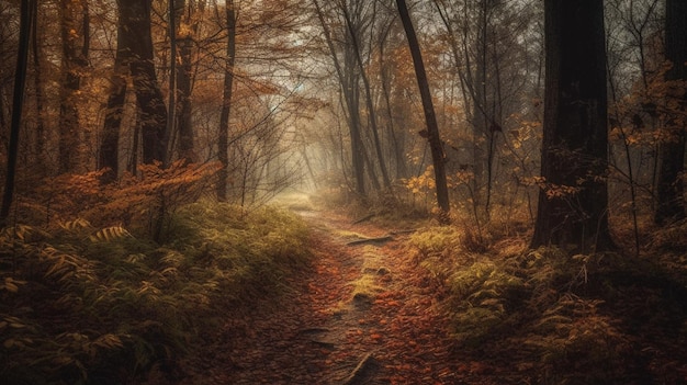 Un sentiero nel bosco con il sole che splende su di esso.