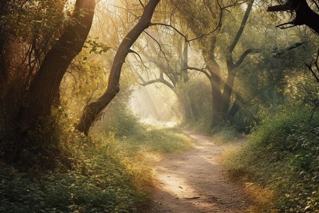 Un sentiero nel bosco con il sole che splende tra gli alberi