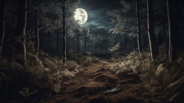 Un sentiero nel bosco con la luna sullo sfondo