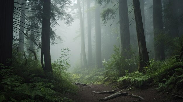 Un sentiero nel bosco con nebbia e alberi sullo sfondo