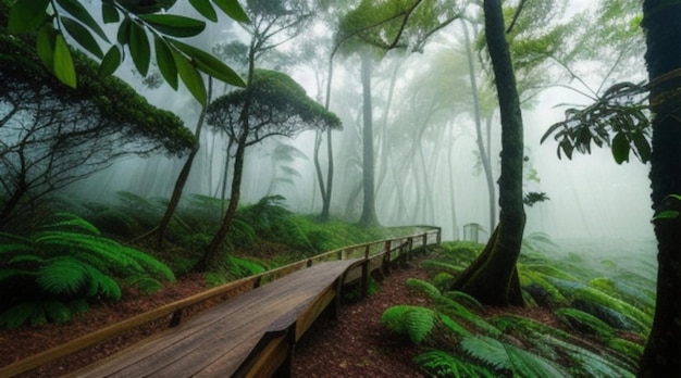 Un sentiero nel bosco con un albero in primo piano