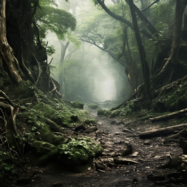 Un sentiero nel bosco con un sentiero in mezzo al bosco.