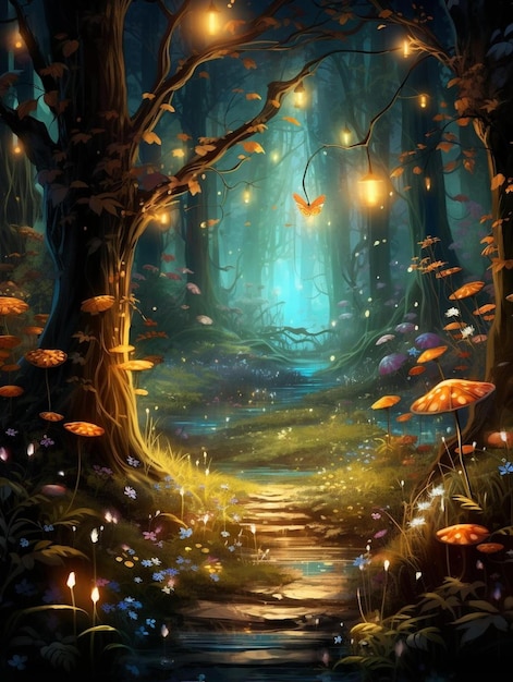 un sentiero nel bosco con una candela accesa.