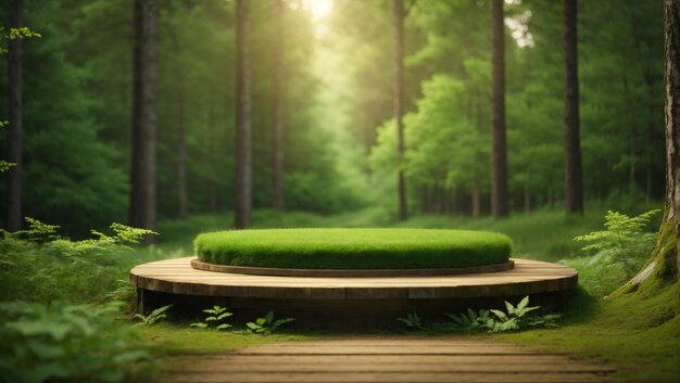 un sentiero nel bosco con una panchina fatta di erba e alberi