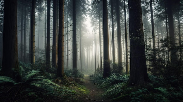 Un sentiero nel bosco con uno sfondo nebbioso e un sentiero nel bosco con alberi