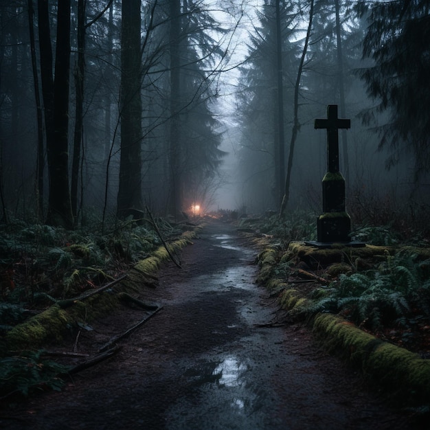 un sentiero nel bosco di notte con una croce alla fine