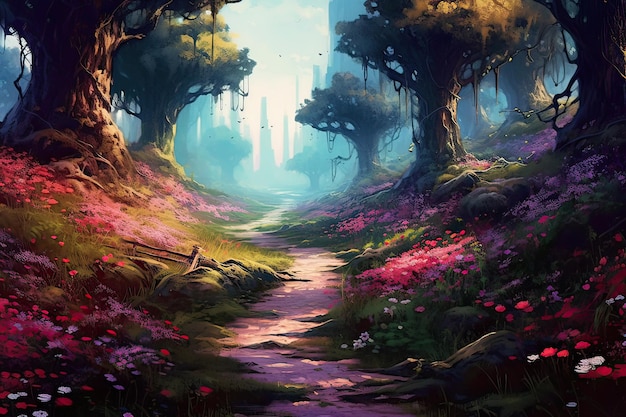 Un sentiero nella foresta con i fiori