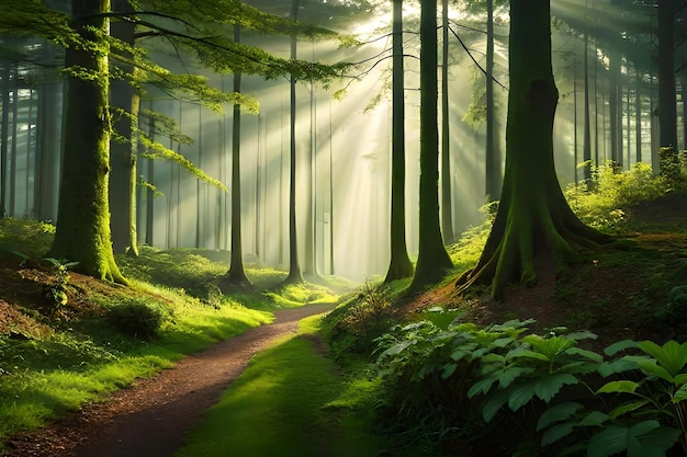 Un sentiero nella foresta con il sole che splende attraverso gli alberi.