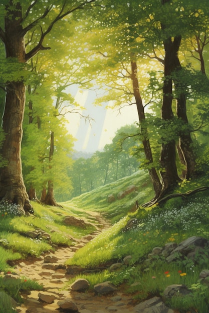 Un sentiero nella foresta con il sole che splende su di esso