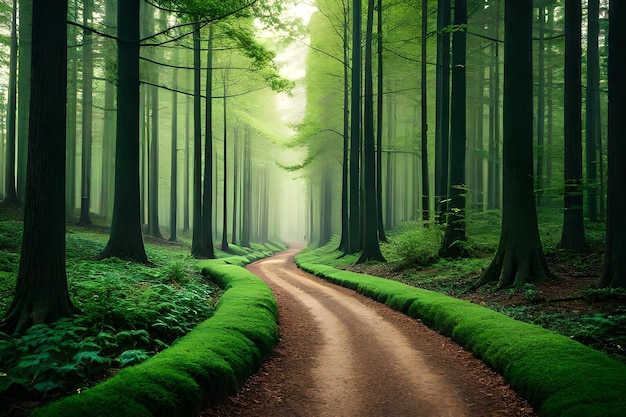 Un sentiero nella foresta con l'erba verde sul terreno