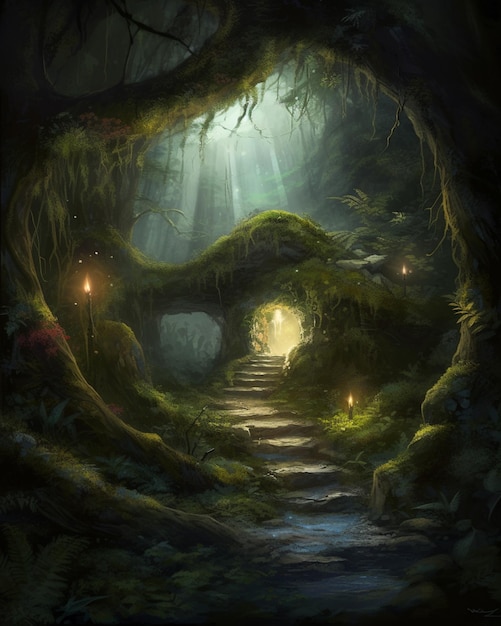 Un sentiero nella foresta con una luce accesa