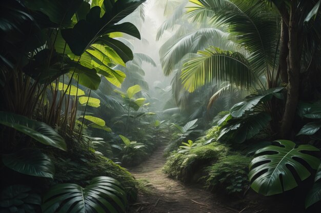 Un sentiero nella foresta pluviale tropicale con palme e un sentiero nella nebbia