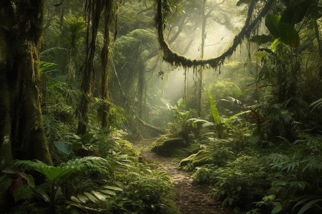 Un sentiero nella giungla con il sole che splende attraverso le foglie