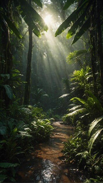 un sentiero nella giungla con il sole che splende tra gli alberi